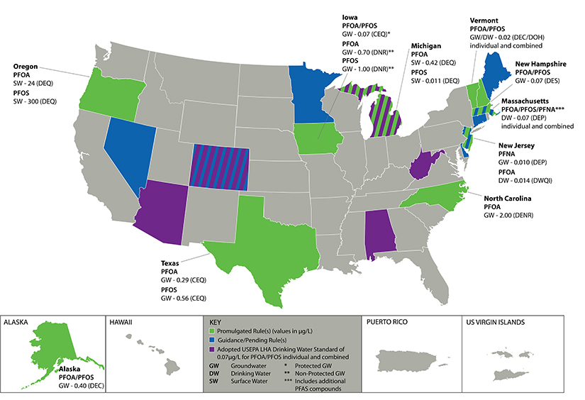 PFAS Regulatory Status Map as of June 12, 2018