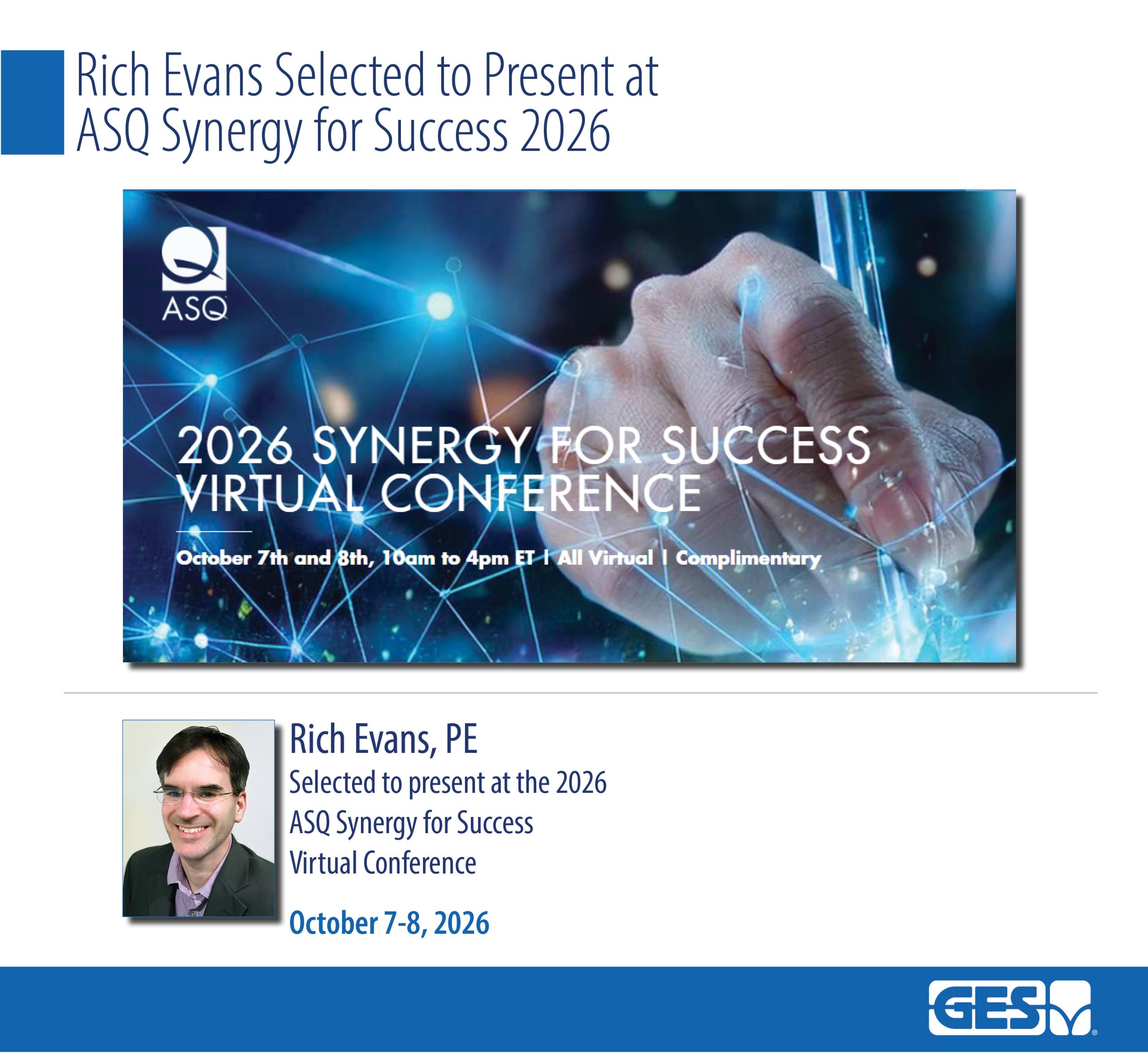 Rich Evans, PE Selected to Present at ASQ Synergy for Success 2026